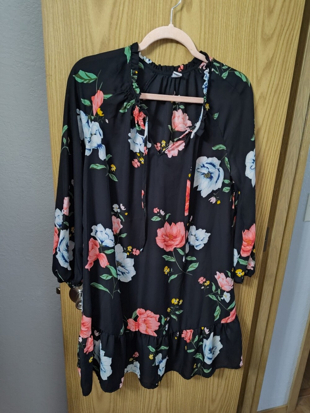 Old Navy Black Floral Tie-Neck Dress with Pink and Green Accents Swimsuit Cover